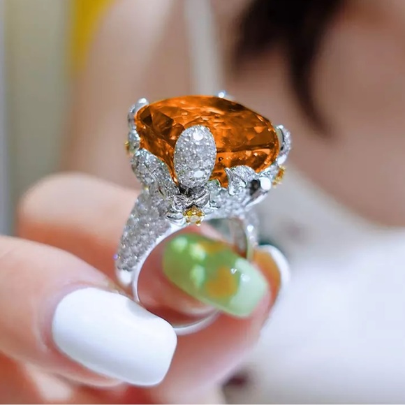 Red Orange Zircon Adjustable Large Statement Ring - Picture 3 of 5